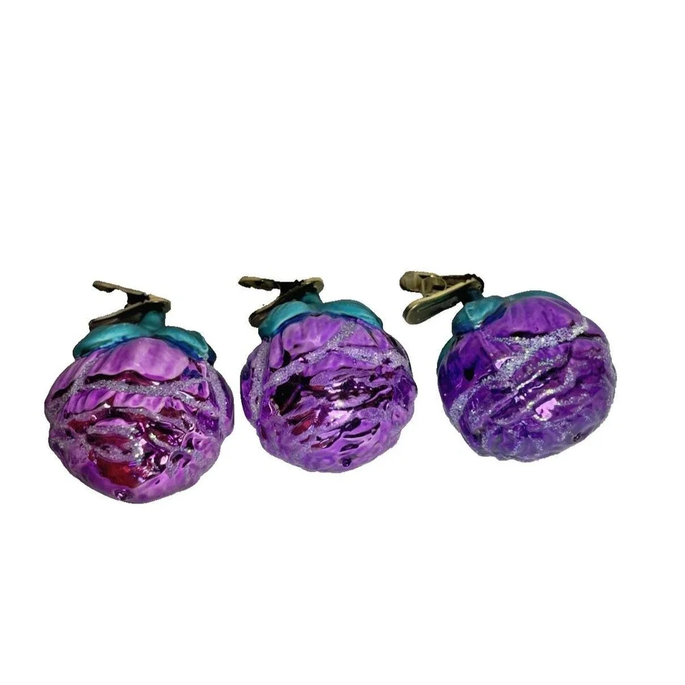 Vintage 3 Clip On Purple Roses w/ Glitter Blown Glass Ornaments Made in Germany